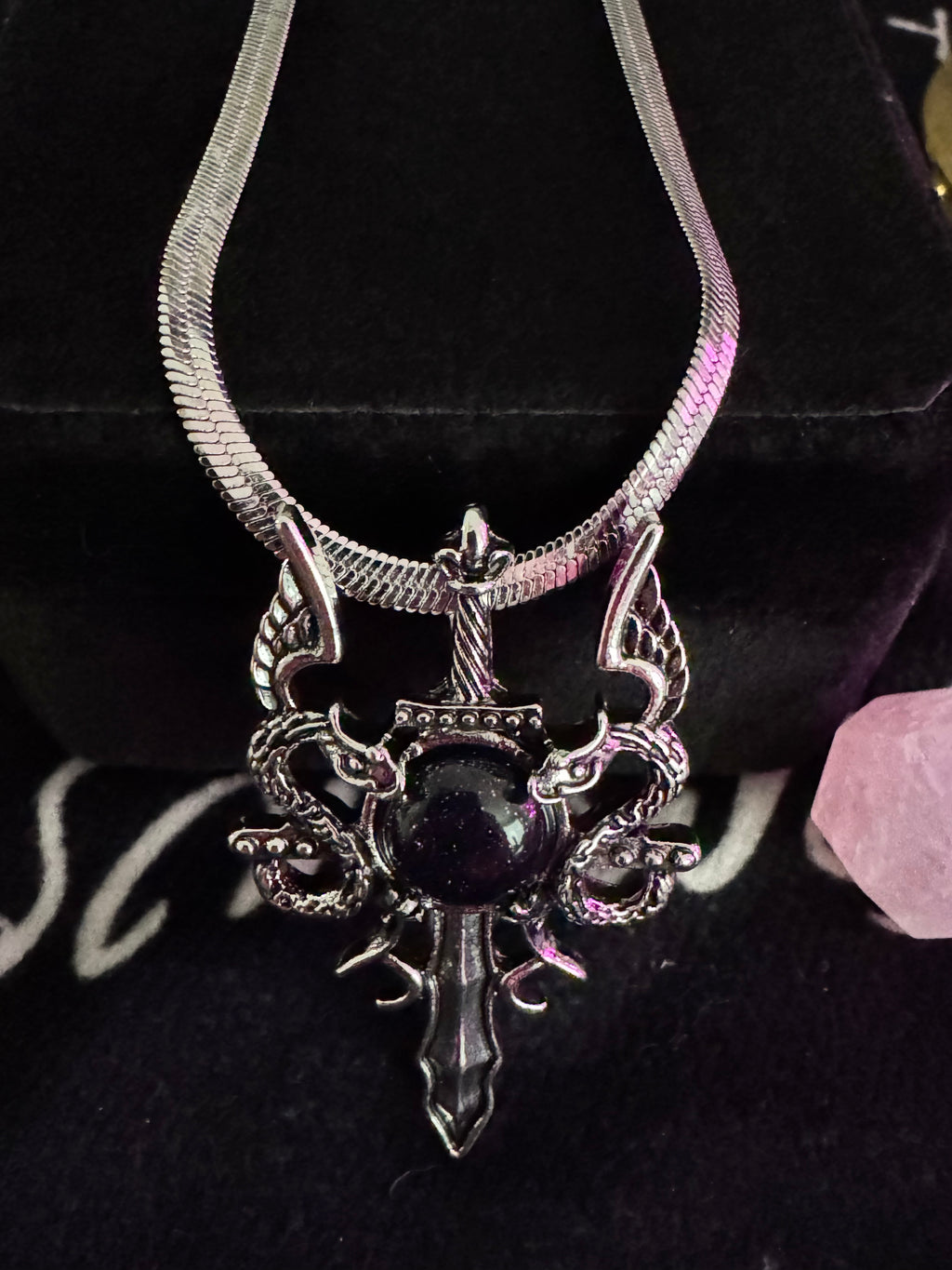 Gothic Dagger and Snakes obsidian pendant – dark alternative jewelry by Fractal's Edge Jewels