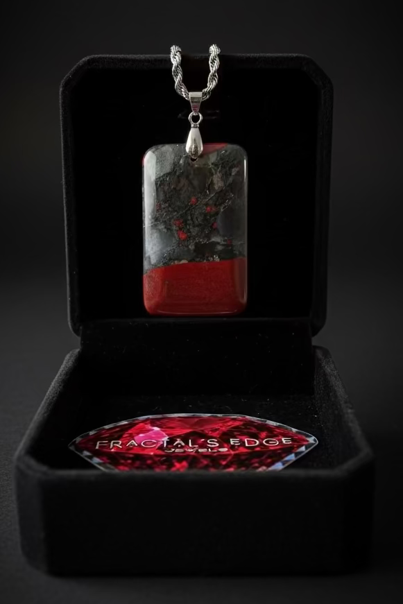 African Bloodstone pendant necklace on a rope chain in a black velvet jewelry box on a dark background.