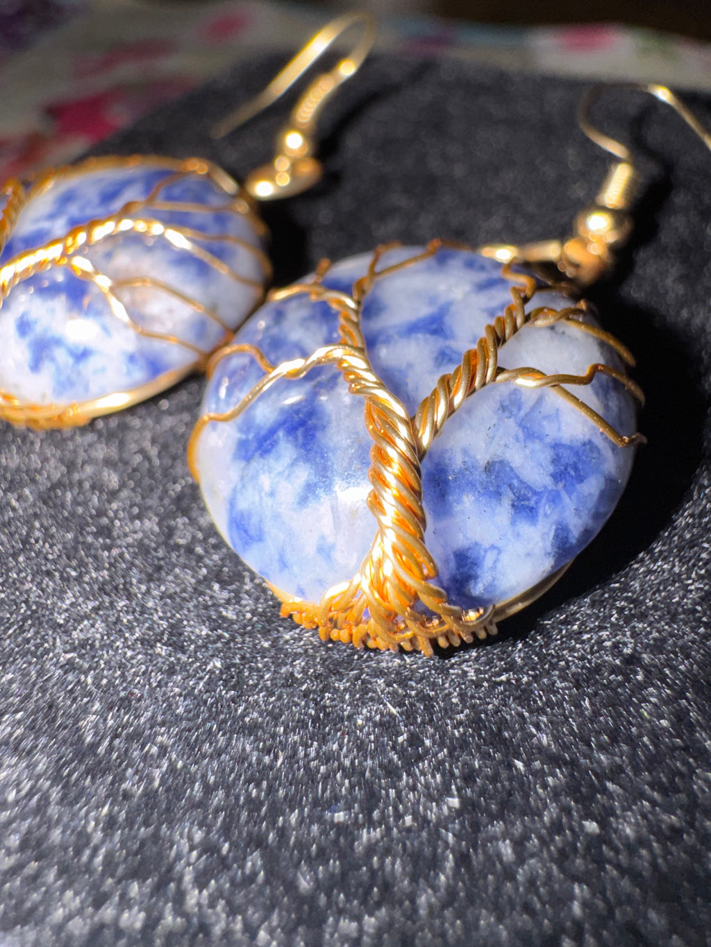 Sodalite tree of life earrings with gold wire wrap – ethereal blue gemstone jewelry by Fractal's Edge Jewels