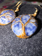 Sodalite tree of life earrings with gold wire wrap – ethereal blue gemstone jewelry by Fractal's Edge Jewels