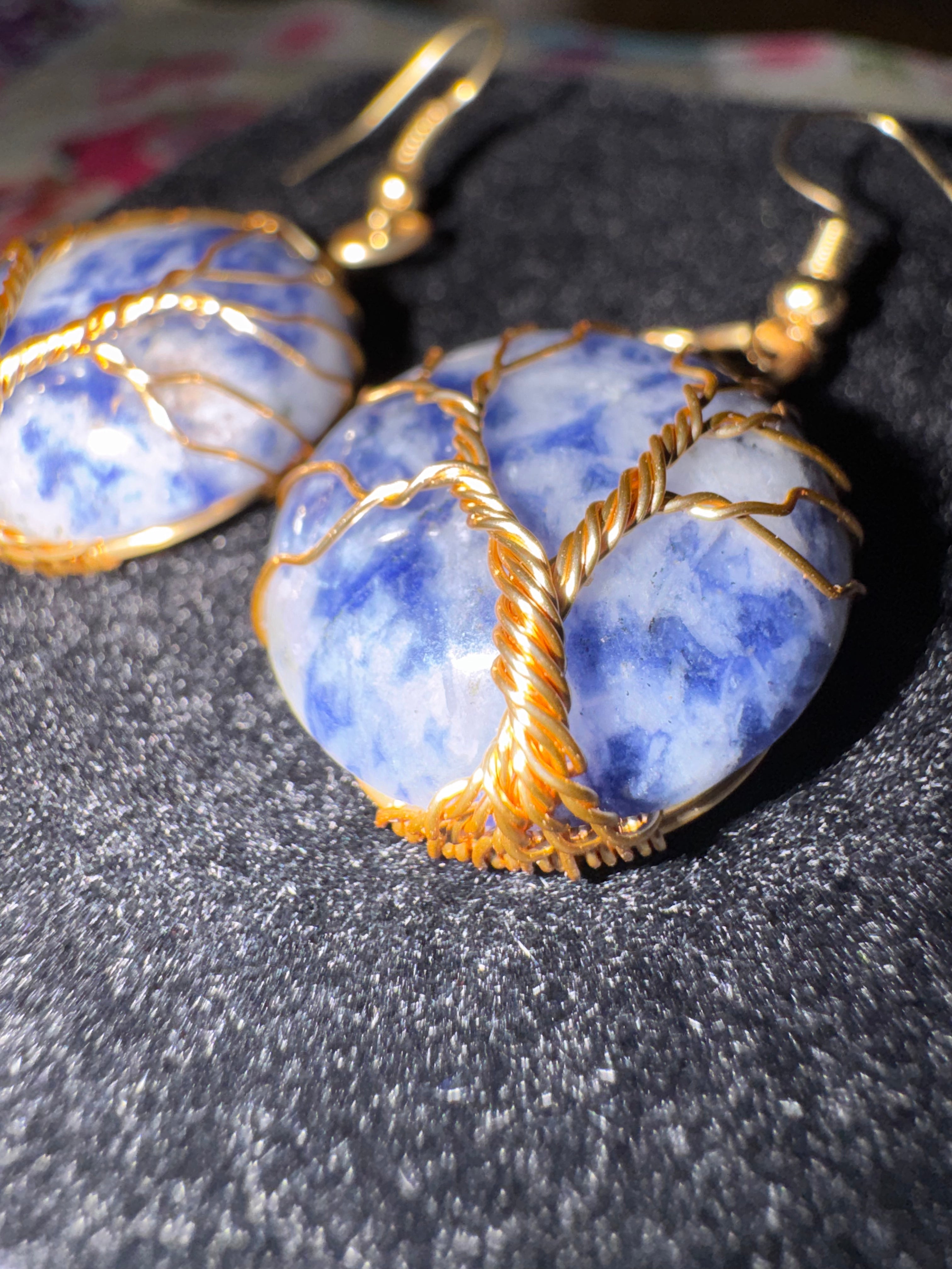 Sodalite tree of life earrings with gold wire wrap – ethereal blue gemstone jewelry by Fractal's Edge Jewels