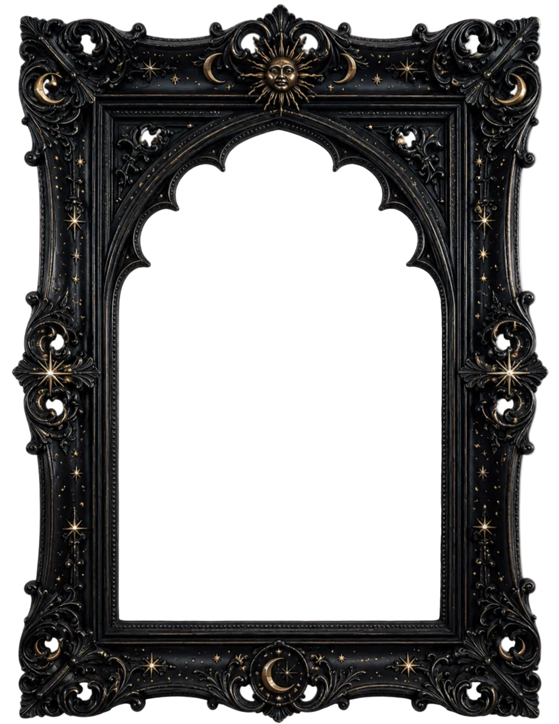 Whimsigoth aesthetic ornate black picture frame with celestial designs with a transparent background