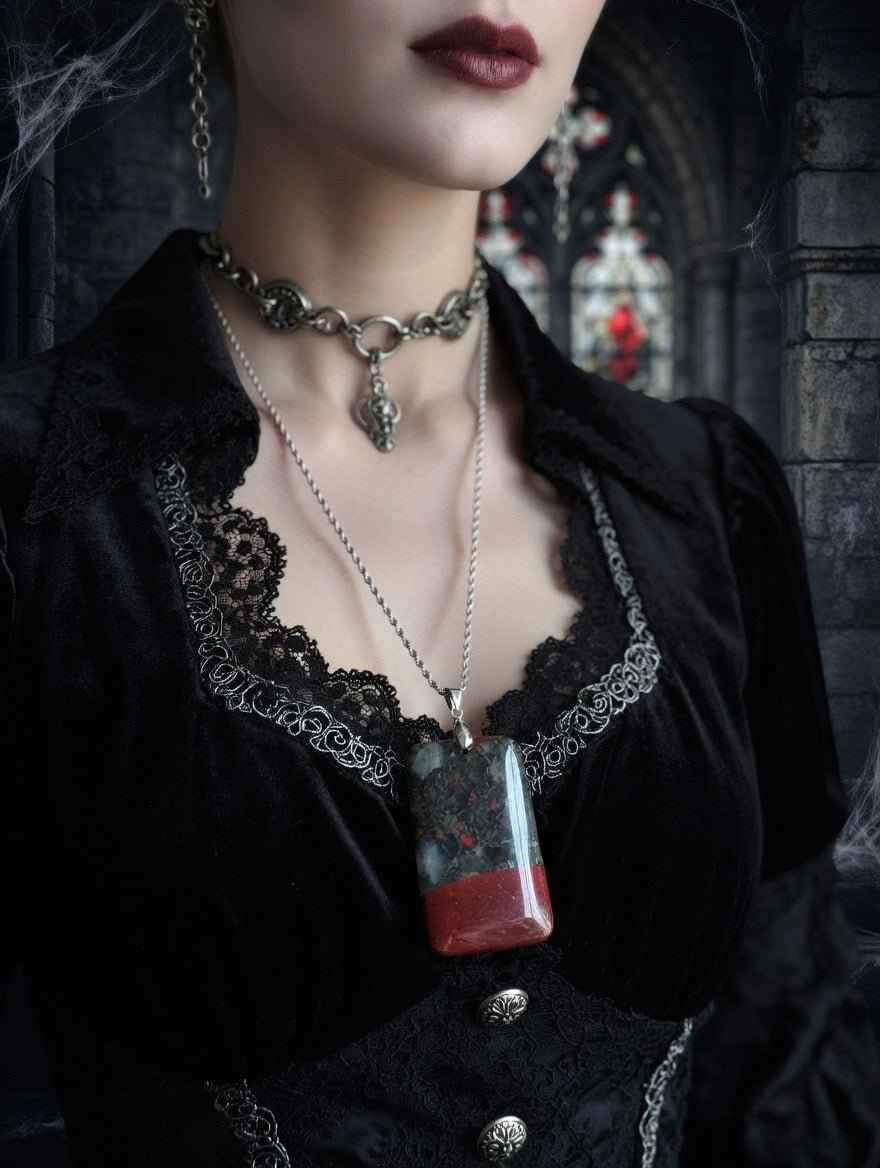 African bloodstone military dog tag style pendant necklace on a dark background