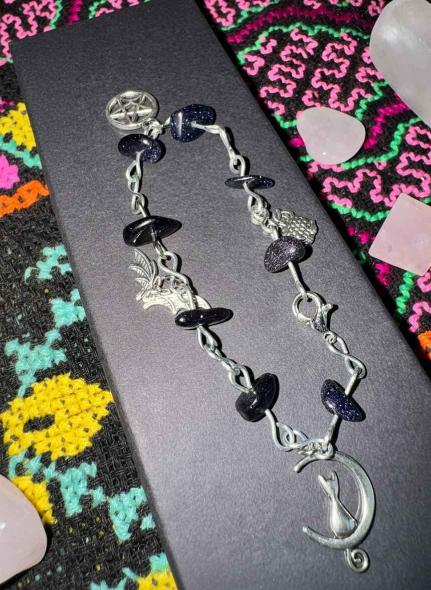 Gothic goldstone charm bracelet with creature charms – Creatures of the Night collection by Fractal's Edge Jewels