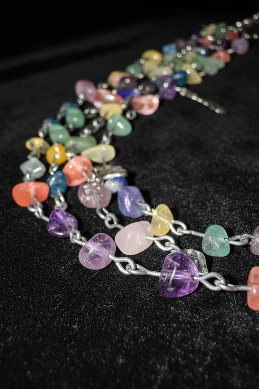 Crystal Medley chain belt with colorful gemstone beads and delicate chain – whimsical jewelry by Fractal's Edge Jewels