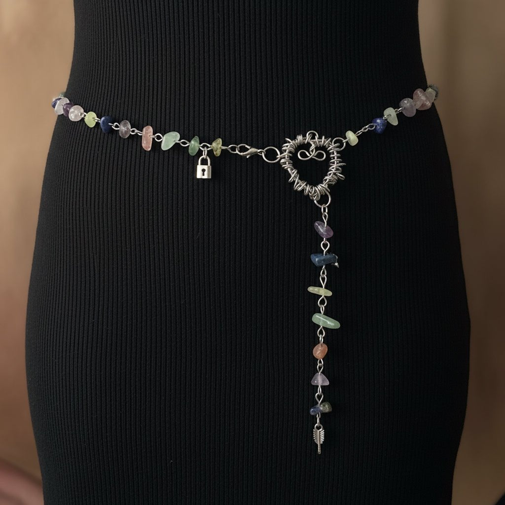 Whimsical crystal chain belt with amethyst, rose quartz, calcite, sodalite, and lapis lazuli charms.
