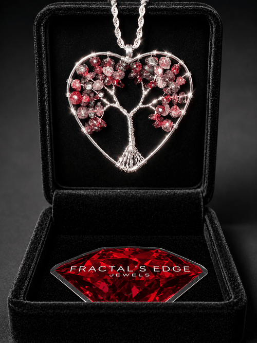 Wire wrapped crystal tree of life pendant necklace on a dark background