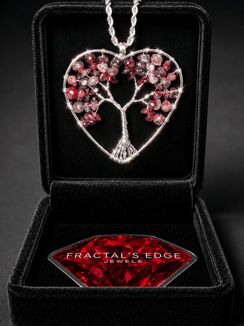 Wire wrapped crystal tree of life pendant necklace on a dark background