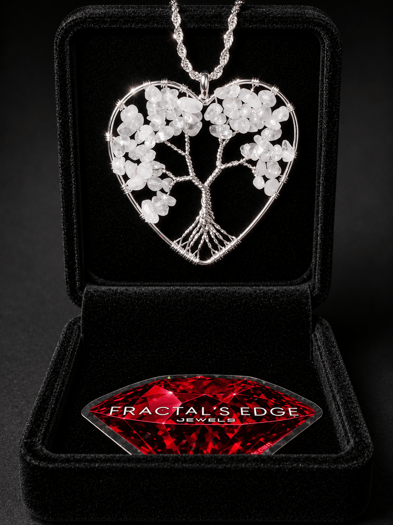 Wire wrapped crystal tree of life pendant necklace with intricate branch details on a dark surface