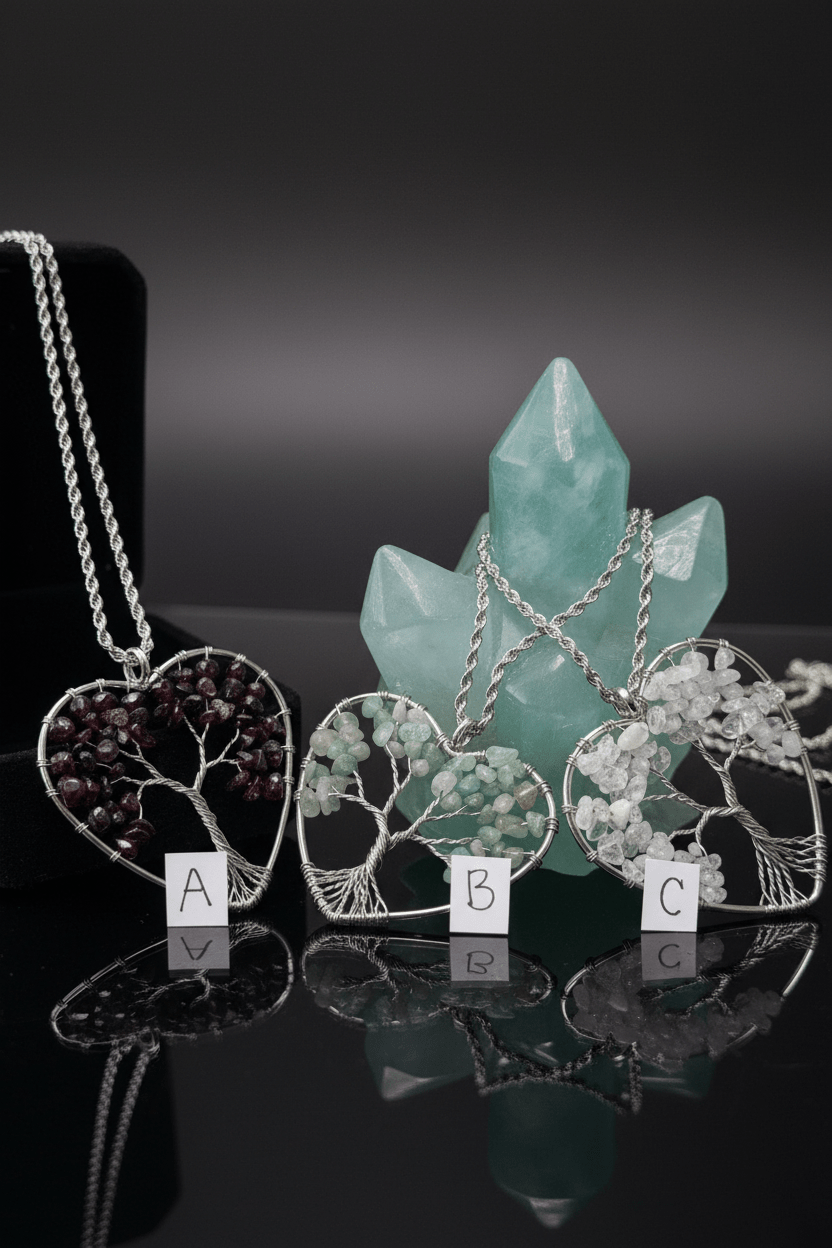 Close-up of Crystalline Roots wire wrapped tree of life pendant – garnet or quartz crystal and wire detail