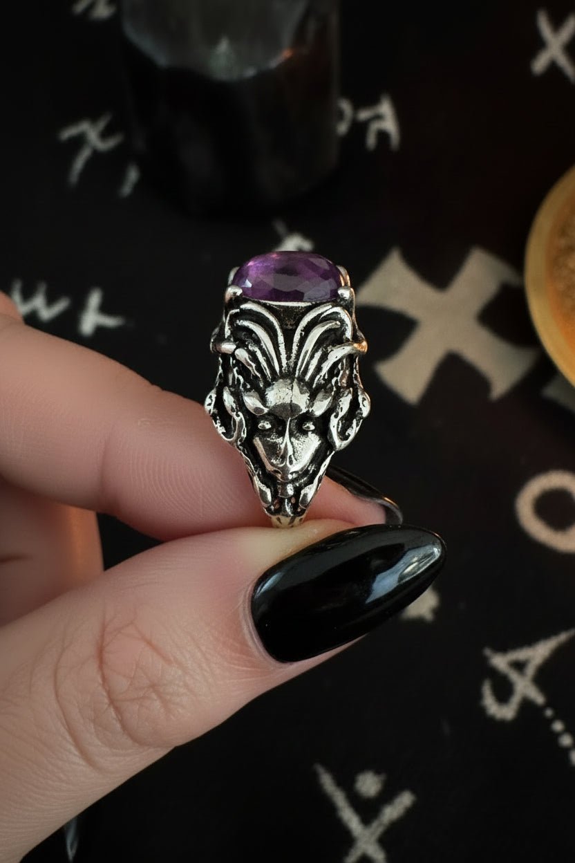 Gothic Medusa Gemstone Statement Ring | Amethyst or Rainbow Obsidian | Dark Fantasy Greek Mythology Jewelry - Fractal’s Edge Jewels