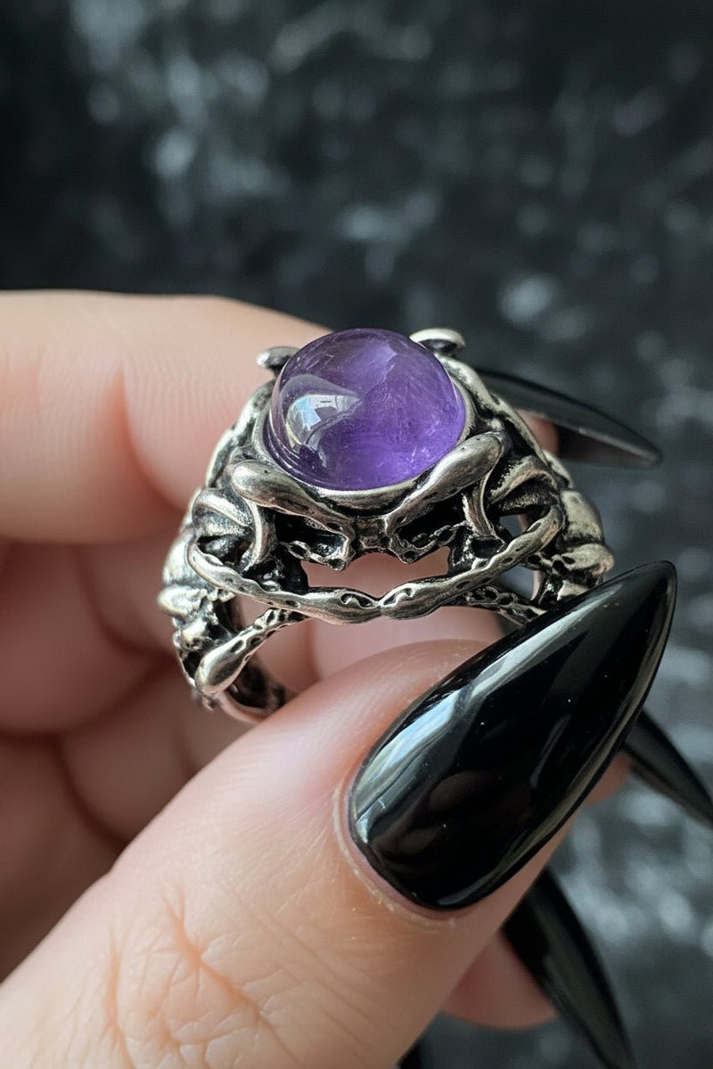 Gothic Medusa Gemstone Statement Ring | Amethyst or Rainbow Obsidian | Dark Fantasy Greek Mythology Jewelry - Fractal’s Edge Jewels