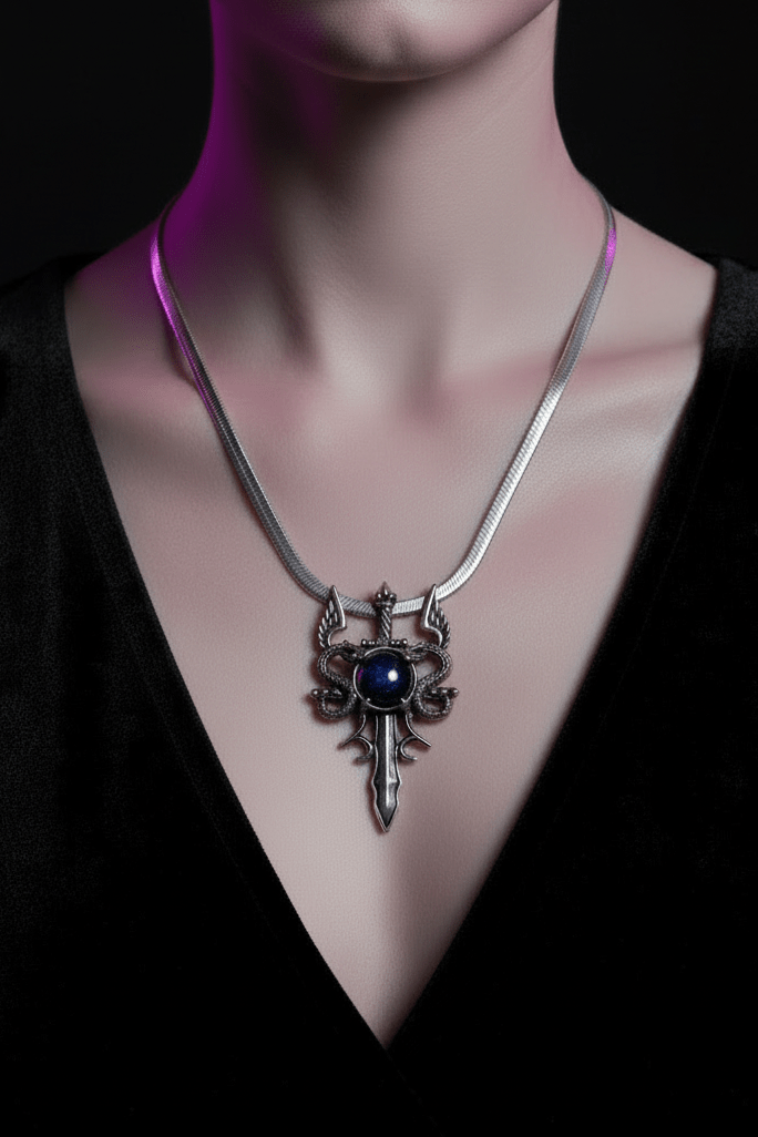 Gothic Obsidian Dagger with Winged Snake Pendant Necklace | Dark Fantasy Jewelry - Fractal’s Edge Jewels