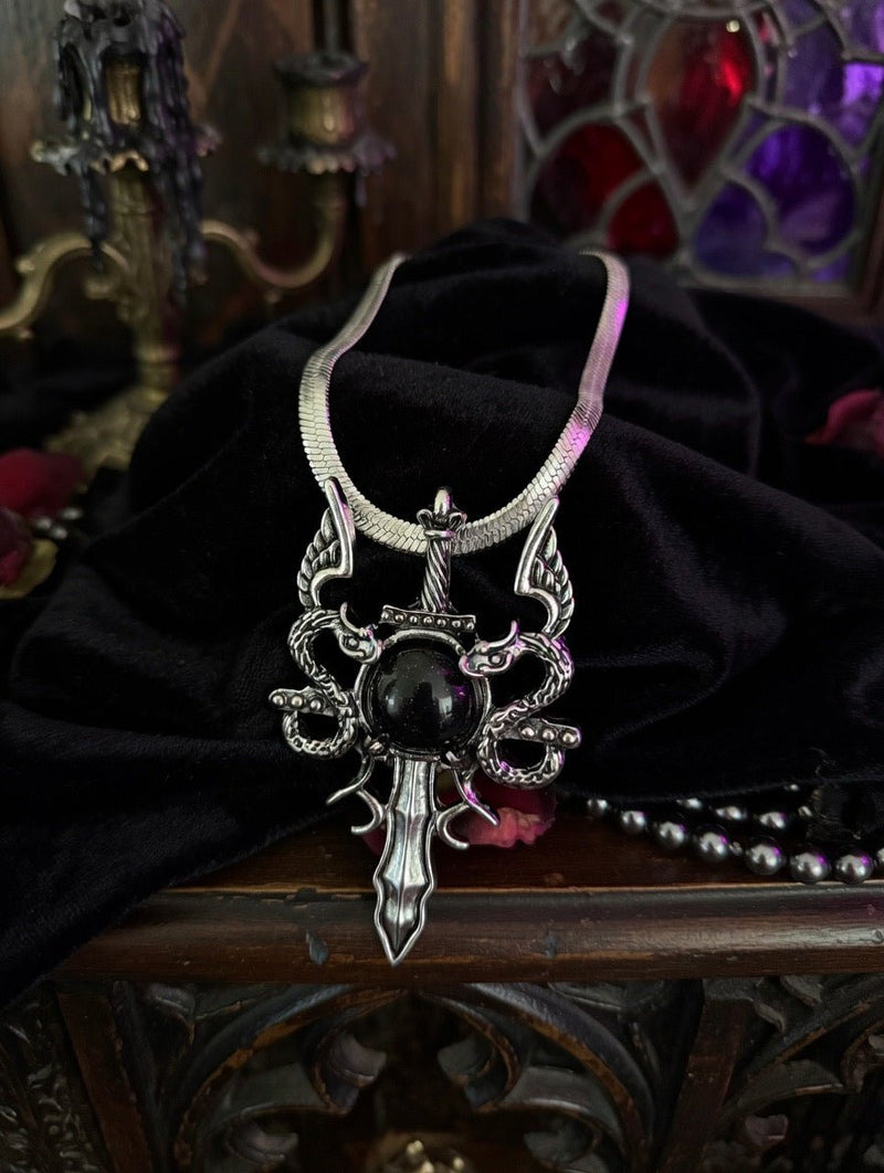 Gothic Obsidian Dagger with Winged Snake Pendant Necklace | Dark Fantasy Jewelry - Fractal’s Edge Jewels