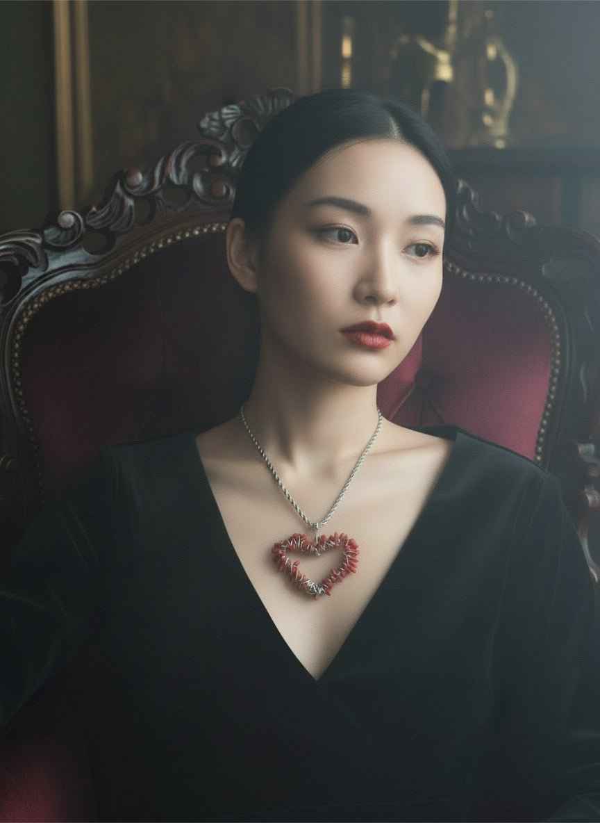 Asian woman looking off to the side wearing a hand-crafted red coral, heart-shaped stainless steel pendant necklace on a dark fabric background in a gothic setting.