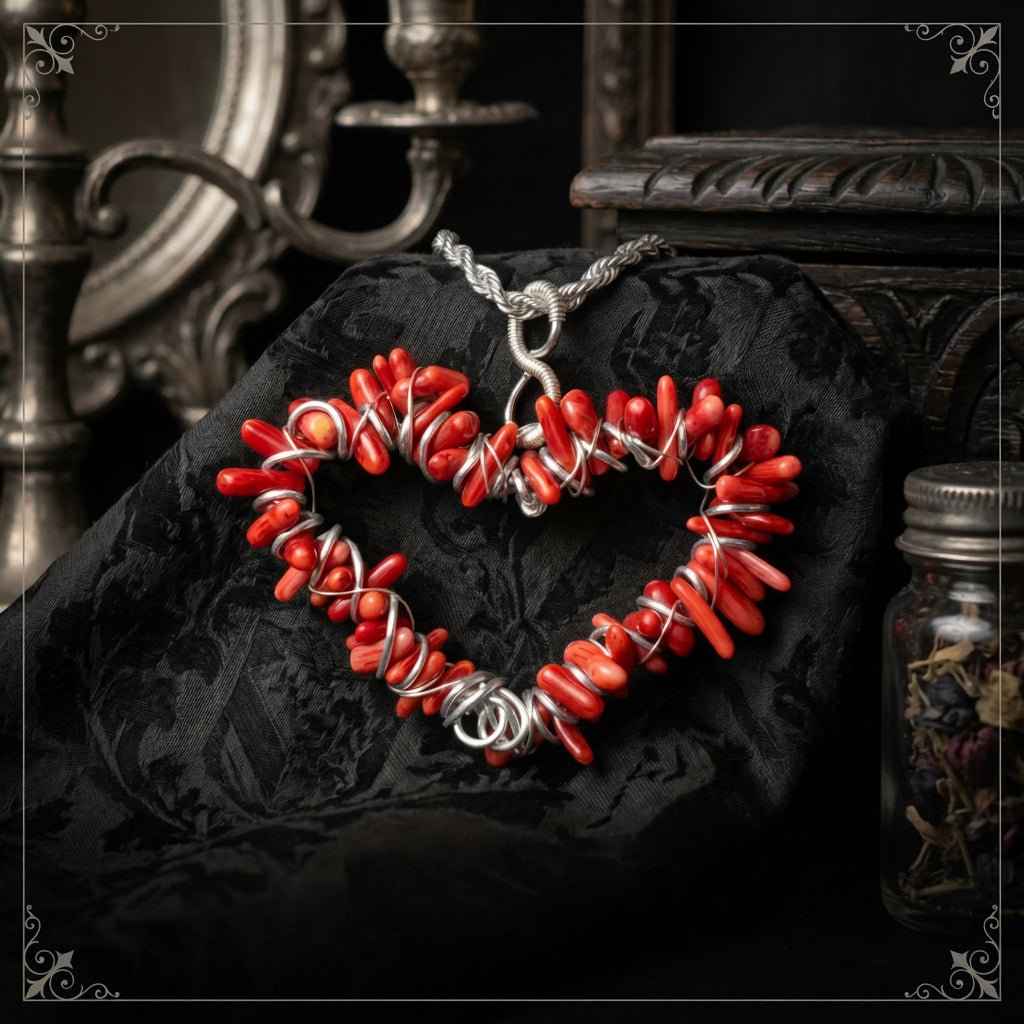 Hand-crafted red coral and stainless steel heart-shaped pendant necklace on a dark fabric background in a gothic setting.