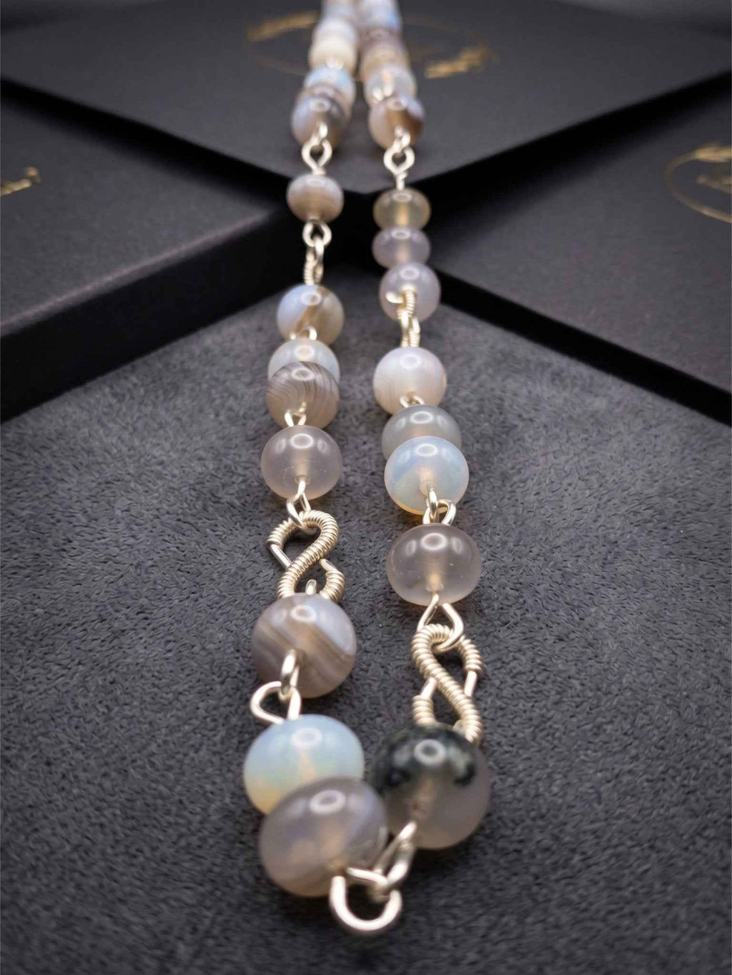 Luminous Presence Botswana agate jelly beaded necklace with silver chain – layered stone jewelry by Fractal's Edge Jewels