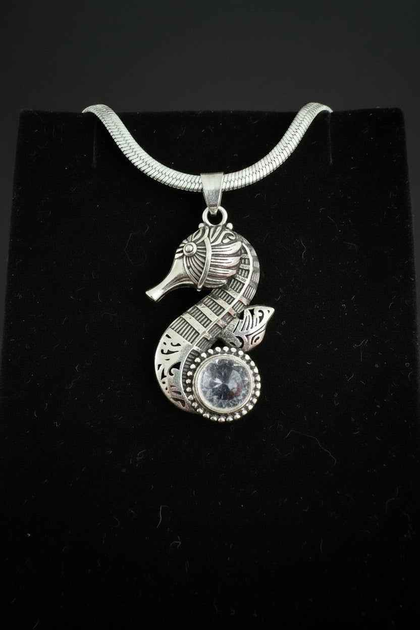 Poseidon’s Mechanism steampunk seahorse quartz pendant necklace – whimsical ocean-inspired jewelry by Fractal's Edge Jewels