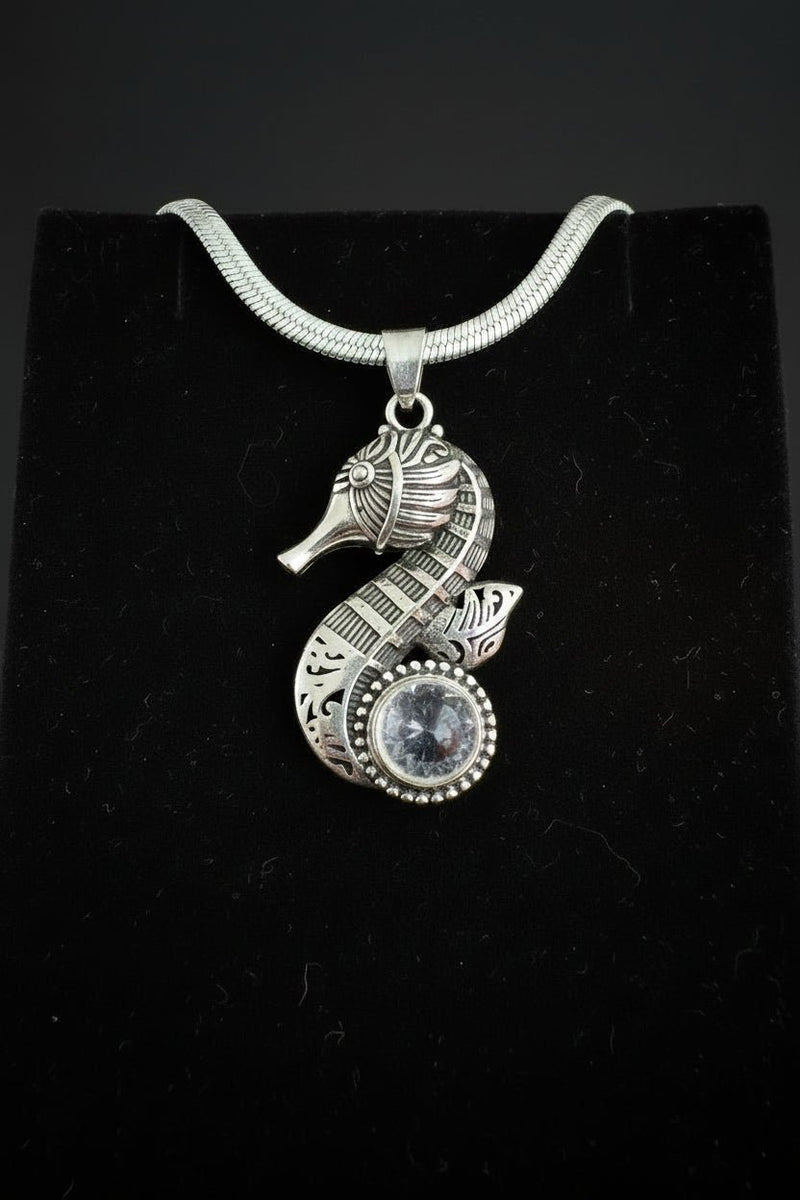 Poseidon’s Mechanism | Steampunk Seahorse Whimsical Quartz Necklace - Fractal’s Edge Jewels