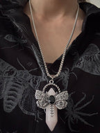 Rebirth & Protection Rose Quartz & Obsidian Crystal Point Moth Pendant Necklace - Fractal’s Edge Jewels
