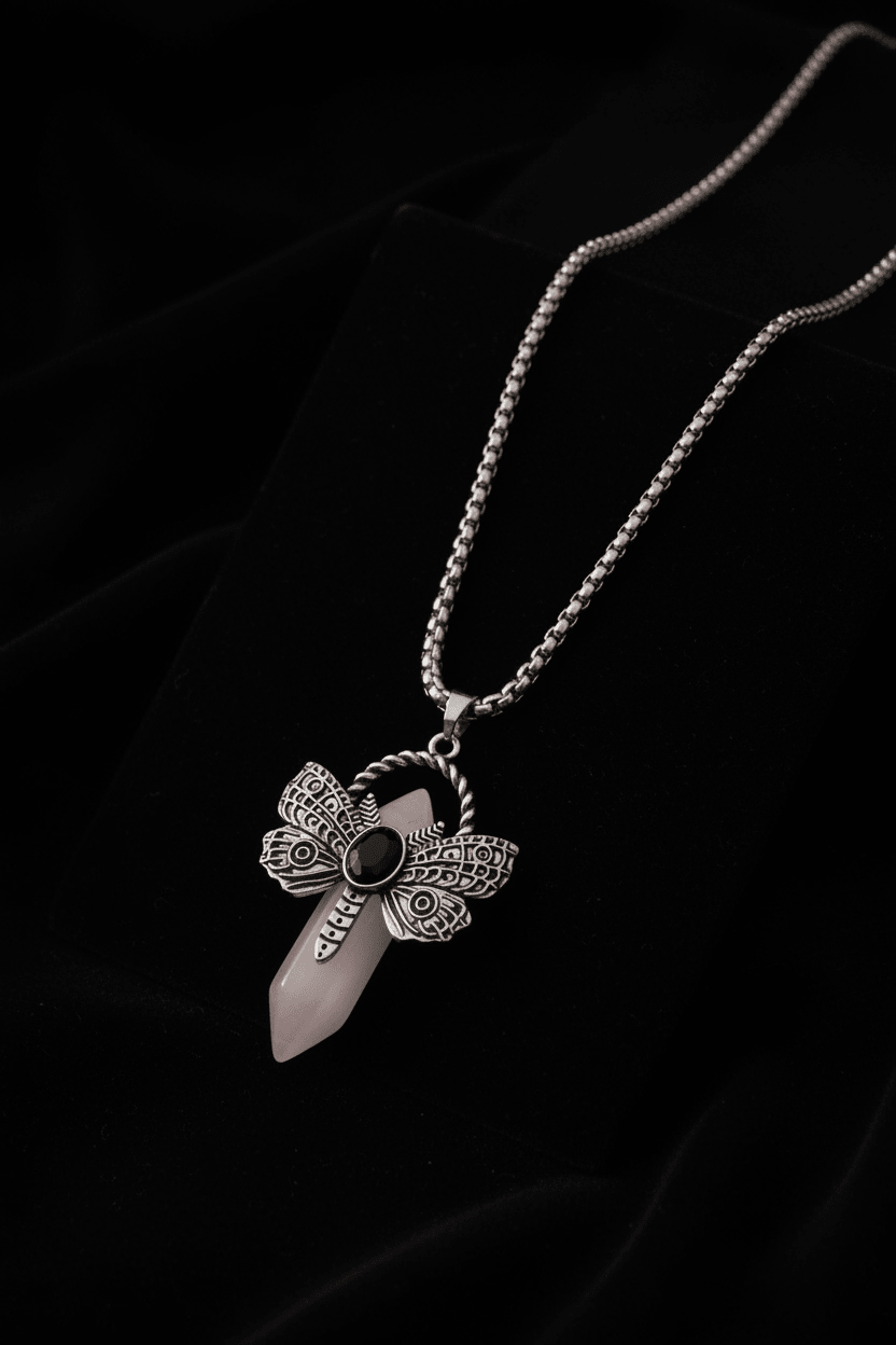Rose quartz and obsidian Moth Crystal Point gothic pendant necklace – transformation symbolism by Fractal's Edge Jewels