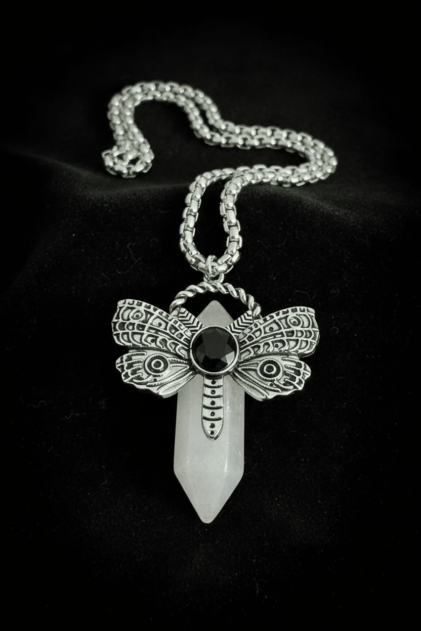 Moth Crystal Point pendant necklace with rose quartz and obsidian – gothic rebirth jewelry by Fractal's Edge Jewels