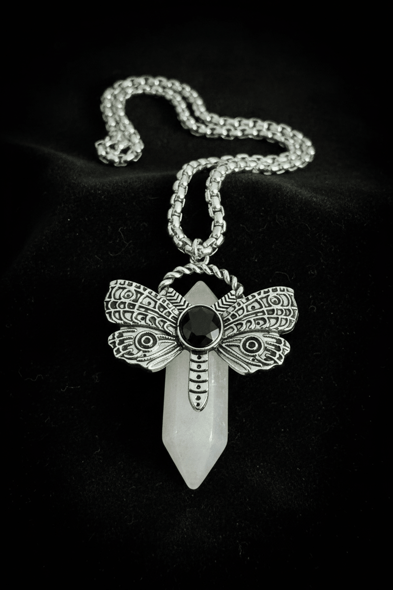 Rebirth & Protection Rose Quartz & Obsidian Crystal Point Moth Pendant Necklace - Fractal’s Edge Jewels