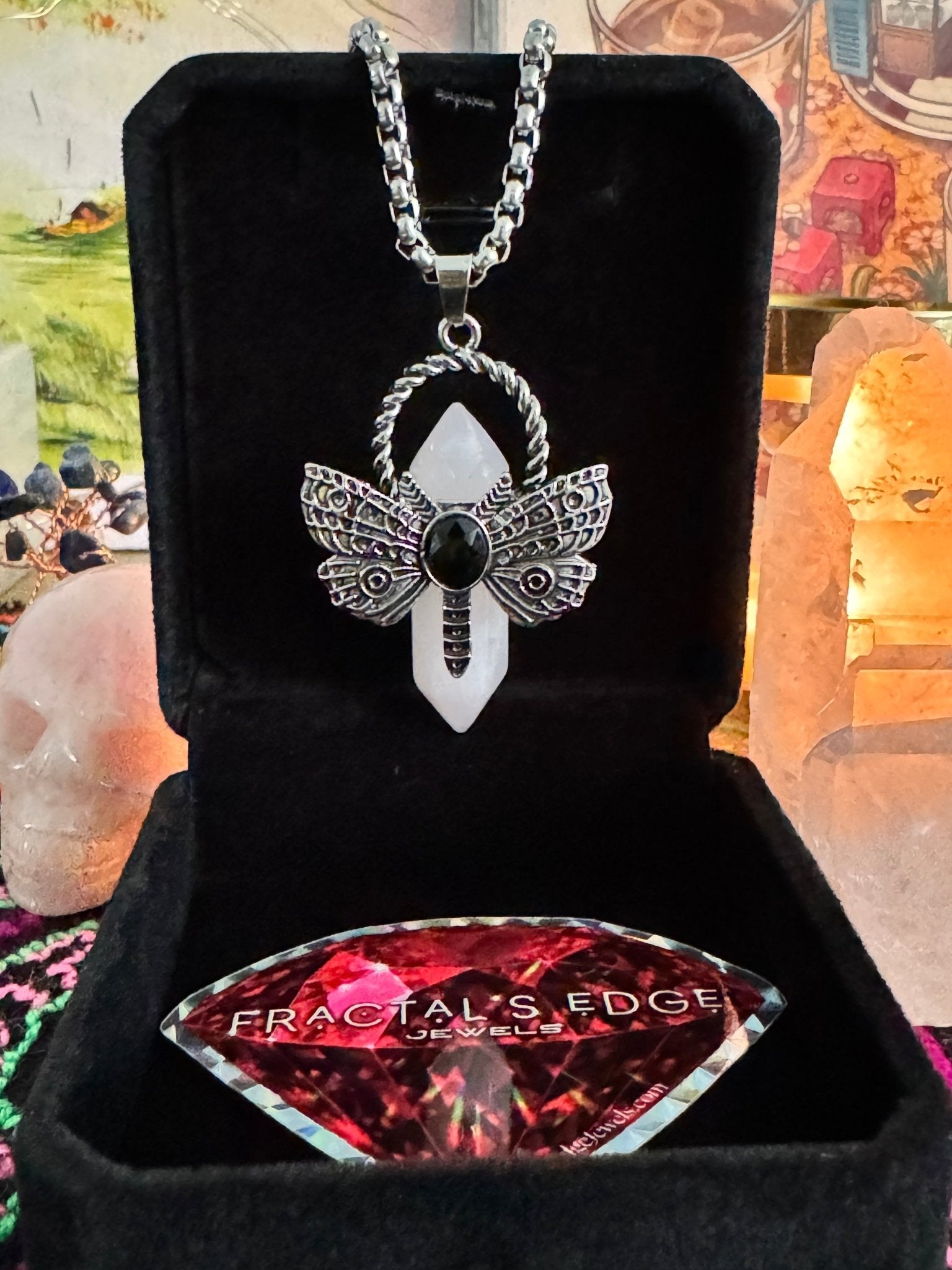 Rebirth & Protection Rose Quartz & Obsidian Crystal Point Moth Pendant Necklace - Fractal’s Edge Jewels