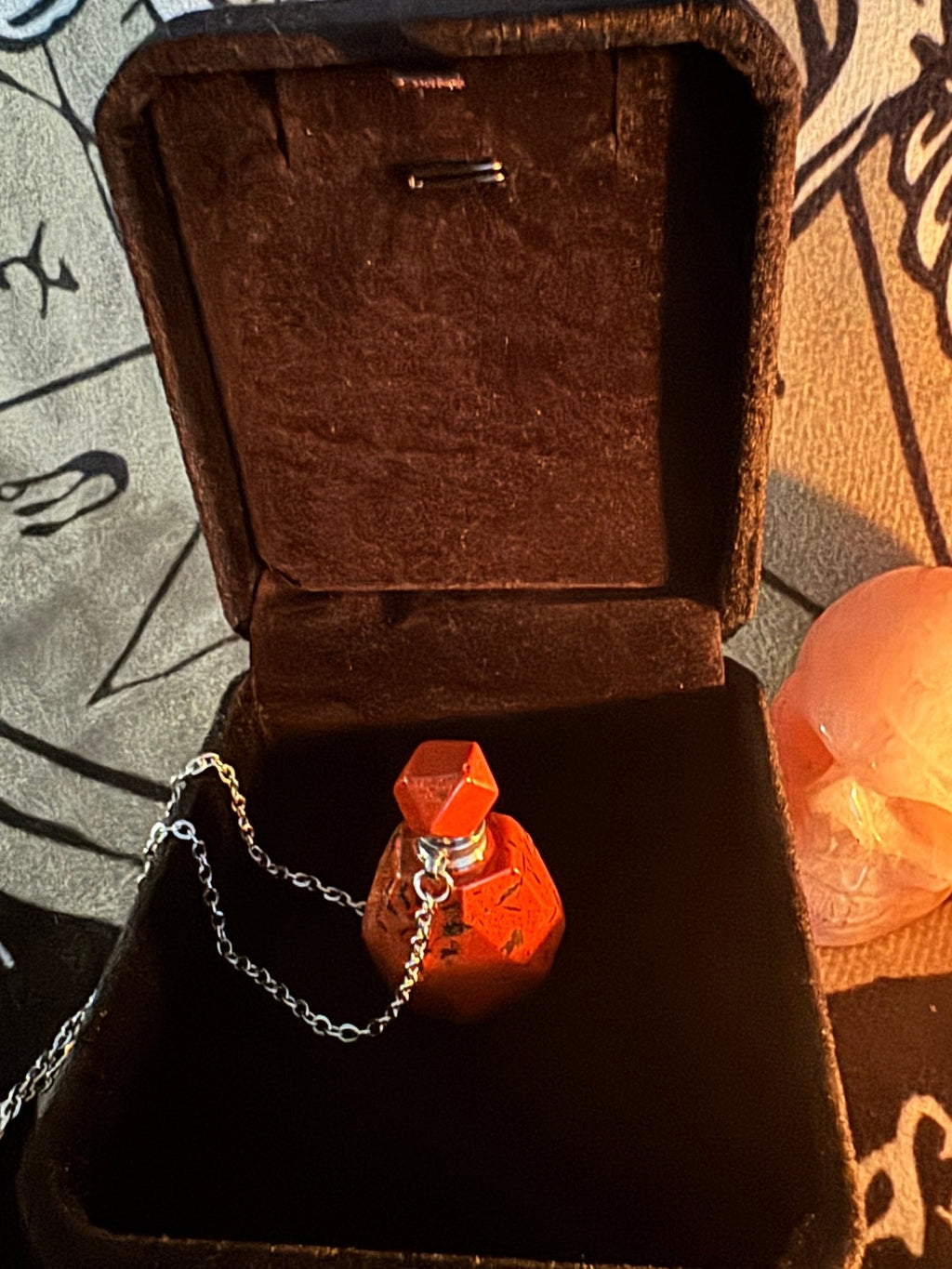 Red Jasper Mystery Reservoir miniature bottle pendant with silver chain – gothic alternative jewelry by Fractal's Edge Jewels