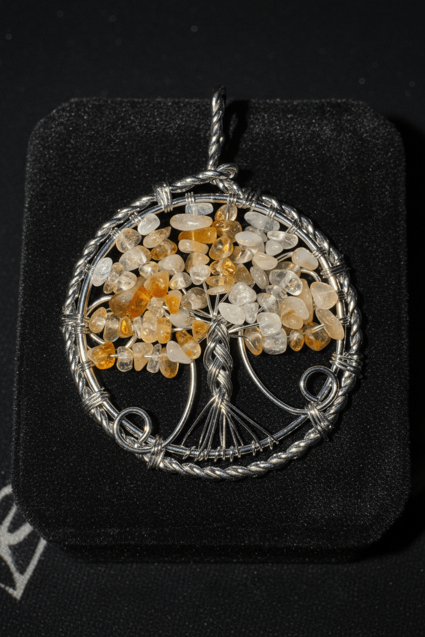 Wire wrapped royal tangerine quartz tree of life large statement pendant on a dark background