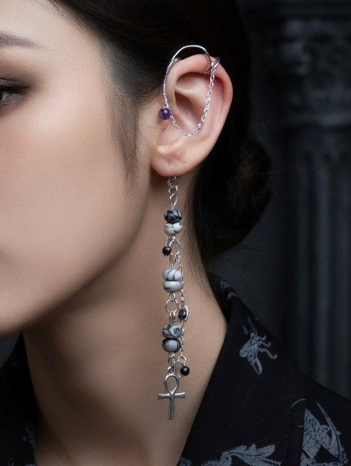 Spiderweb Jasper Wire Wrapped Ear Cuff with Fake Cartilage Piercing (1 piece) - Fractal’s Edge Jewels