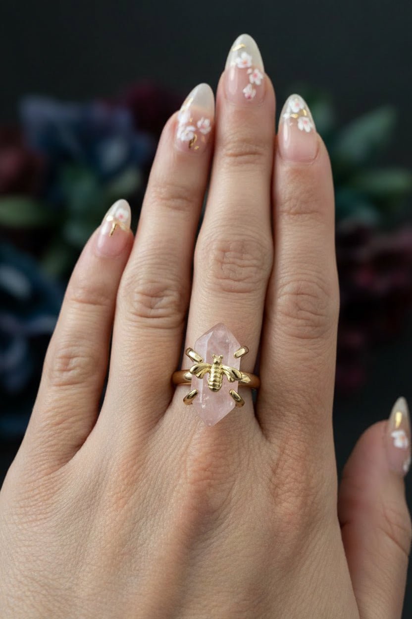 Sweet Crystal Delights | Captive Rose Quartz Honeybee Ring - Fractal’s Edge Jewels