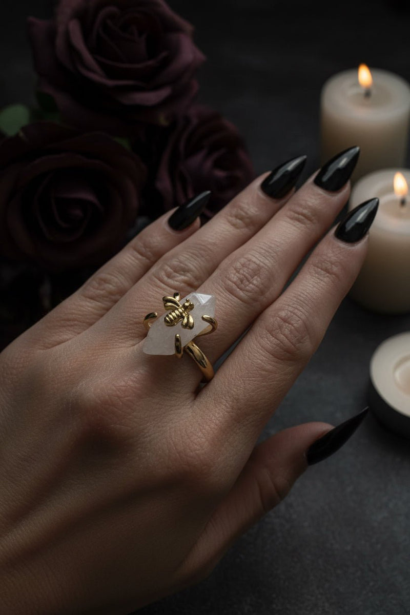 Sweet Crystal Delights | Captive Rose Quartz Honeybee Ring - Fractal’s Edge Jewels