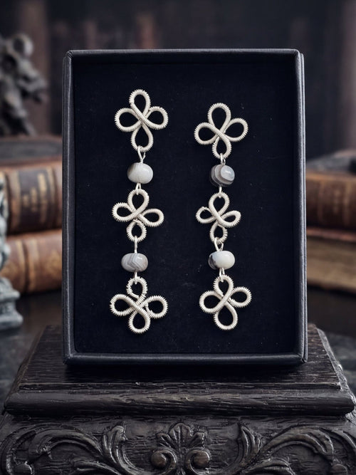 Handmade talisman clover earrings with Botswana agate.