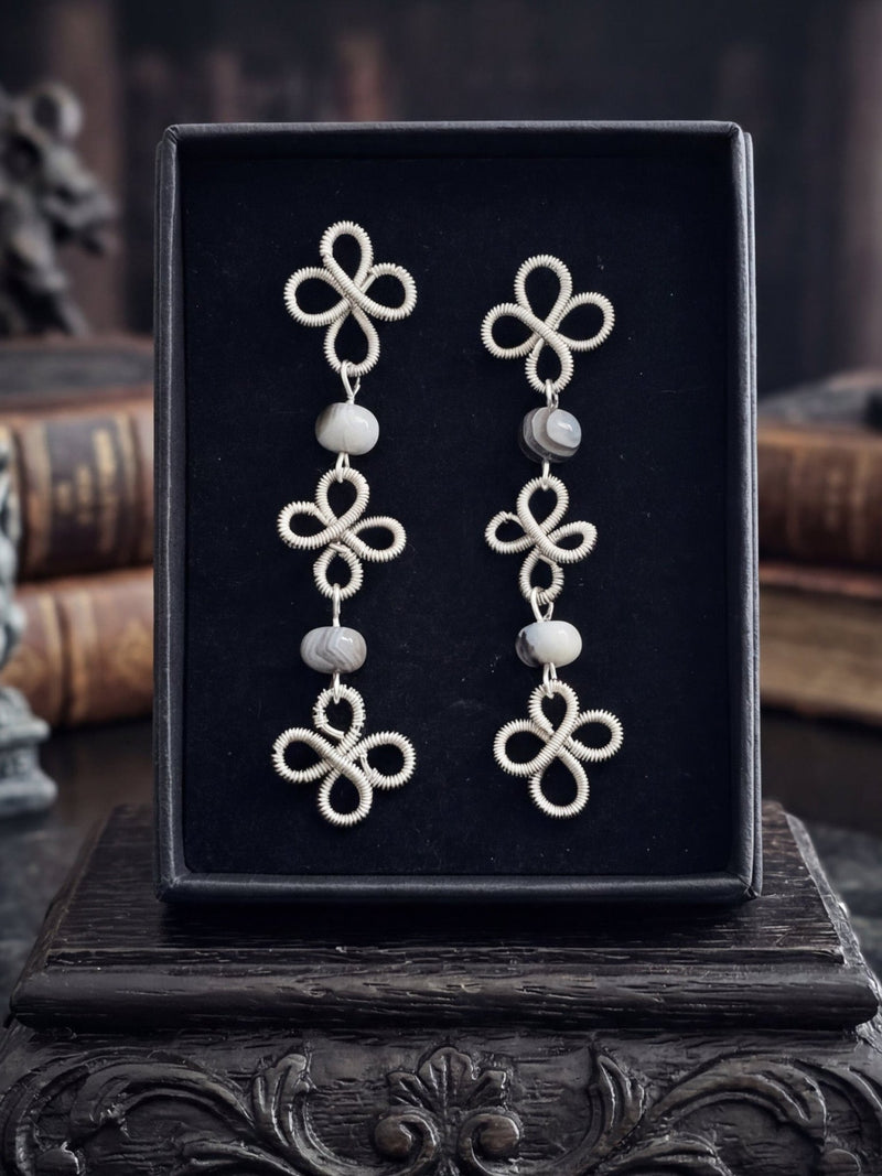 Handmade talisman clover earrings with Botswana agate.
