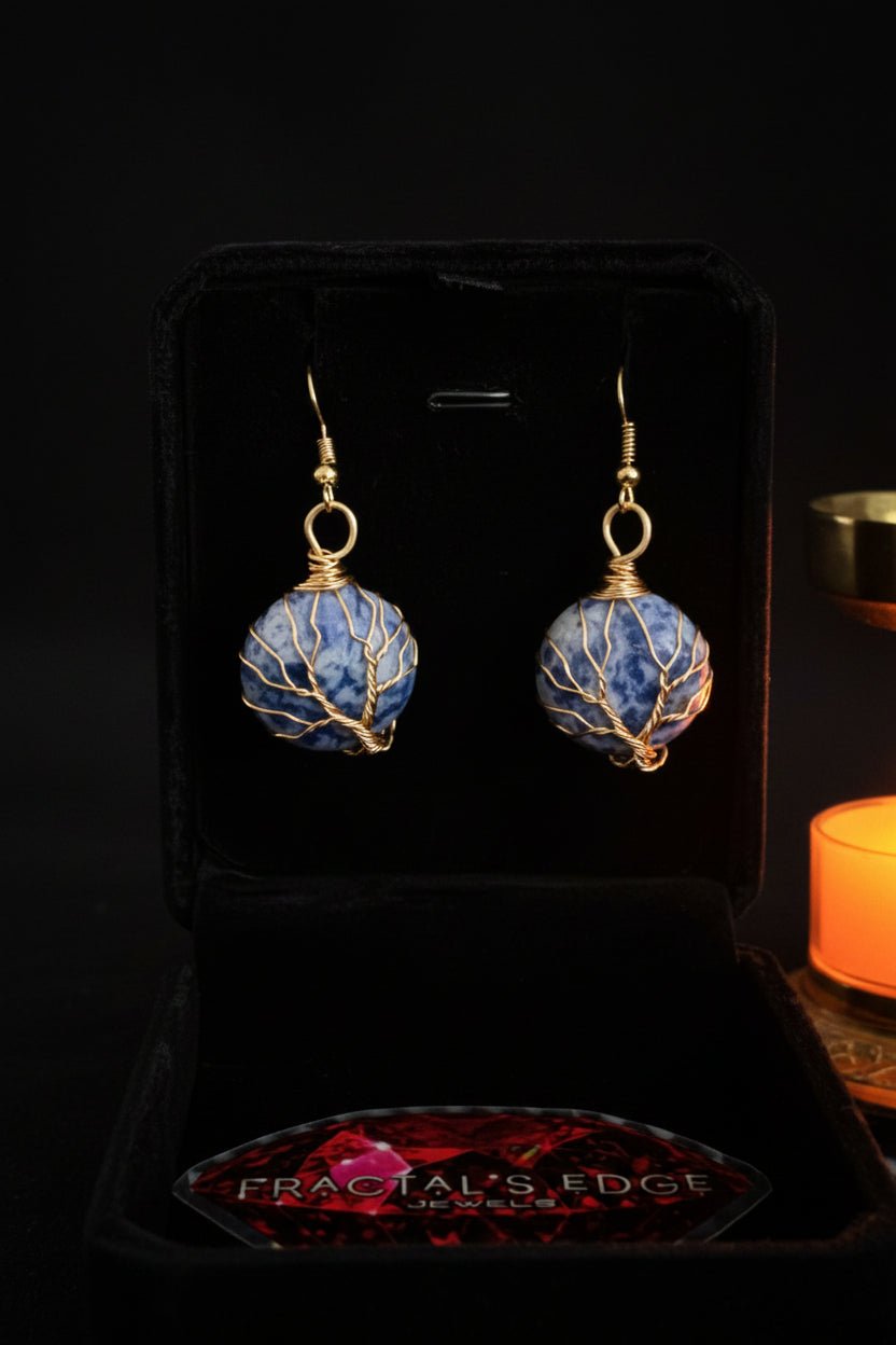 Tree of Life Sodalite Wire - Wrapped Earrings Gold Plated - Fractal’s Edge Jewels