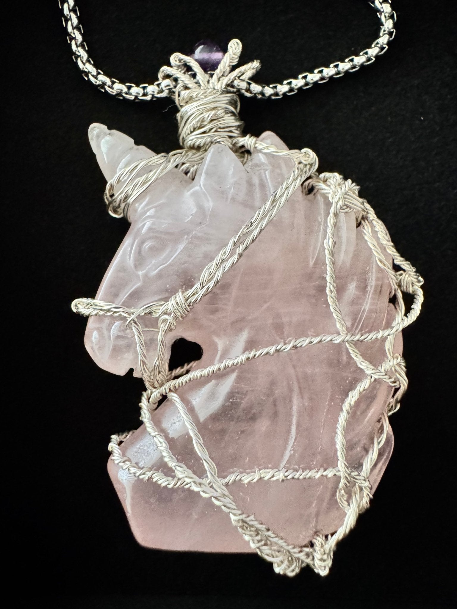 Unicorn rose quartz wire wrapped necklace with amethyst bead and 24-inch box chain.