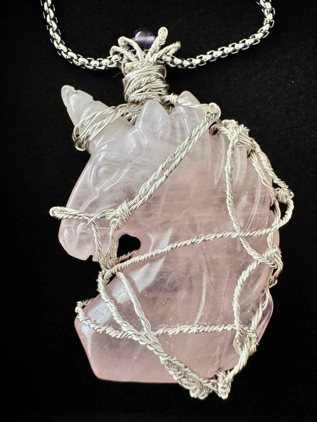Unicorn Rose Quartz wire wrapped pendant necklace – whimsical pink crystal jewelry by Fractal's Edge Jewels