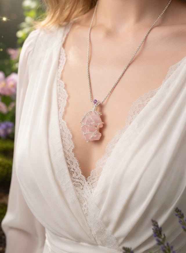 Close-up of wire wrapped Unicorn Rose Quartz pendant – pink gemstone and wire wrap detail by Fractal's Edge Jewels